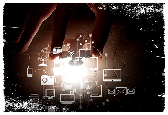 Digital Concept Art with Glowing Puzzle Piece and Technology Icons on a Dark Background