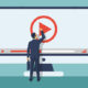 Illustration of a Man with a Briefcase Touching a Giant Play Button on a Computer Screen